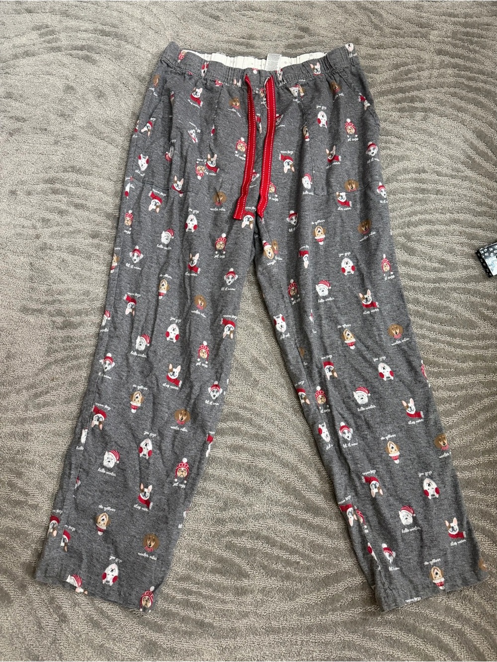 Kids Gray Holiday Dog Print Pajama Pants with Red Drawstring